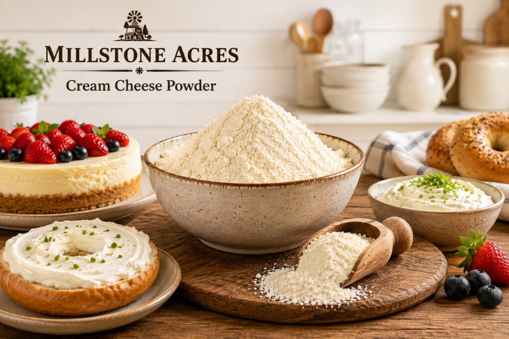 Cream cheese powder displayed in a ceramic bowl alongside cheesecake, a cream cheese bagel, and a savory cream cheese dip on a rustic farmhouse table featuring Millstone Acres Cream Cheese Powder branding.