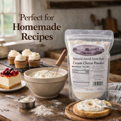 cream-cheese-powder-homemade-recipes-amish-kitchen Homemade recipes made with cream cheese powder including cheesecakes, frostings, fillings, and baked desserts.