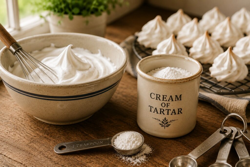 Cream of tartar displayed with whipped egg whites, measuring spoons, and homemade meringue cookies in a farmhouse kitchen baking scene.