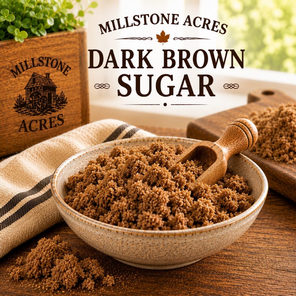 Millstone Acres Dark Brown Sugar displayed in a rustic ceramic bowl with a wooden scoop and rich, moist brown sugar on a farmhouse table.