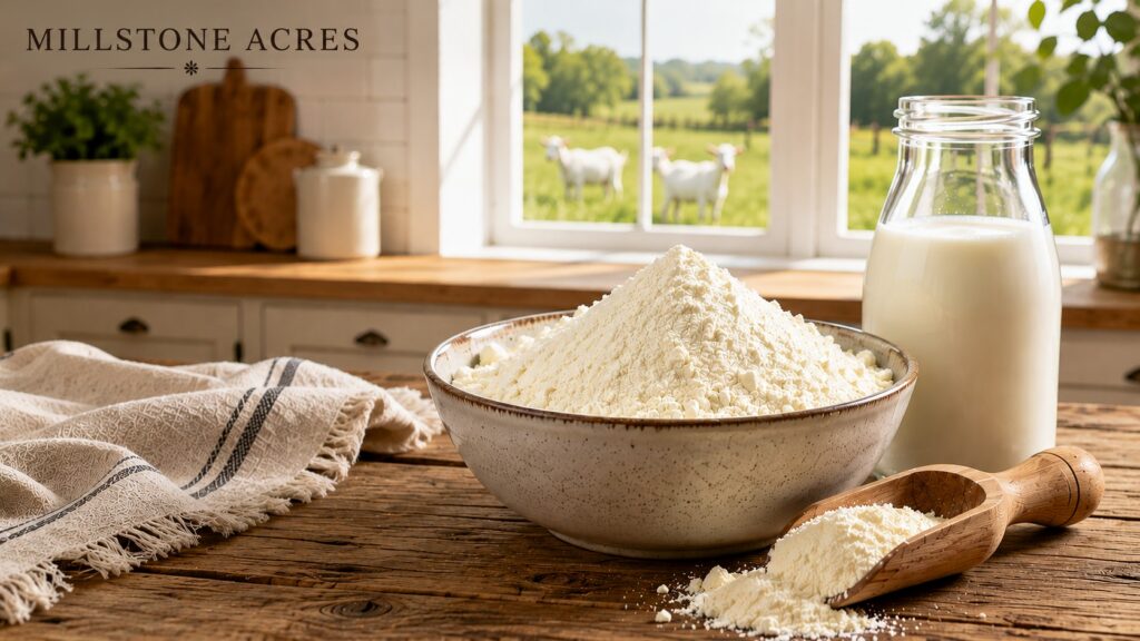 Goat milk powder displayed in a ceramic bowl beside a glass bottle of milk on a rustic farmhouse table, with grazing goats visible through a sunlit window and Millstone Acres branding.