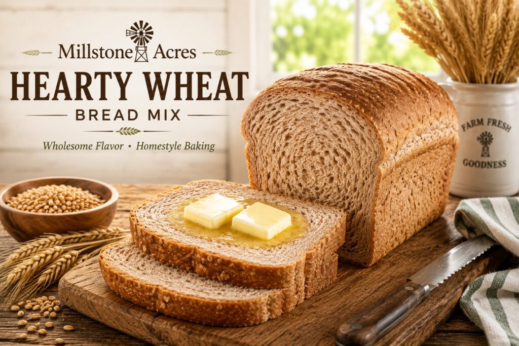 Fresh baked Hearty Wheat Bread loaf with melting butter on sliced wheat bread in a bright farmhouse kitchen.