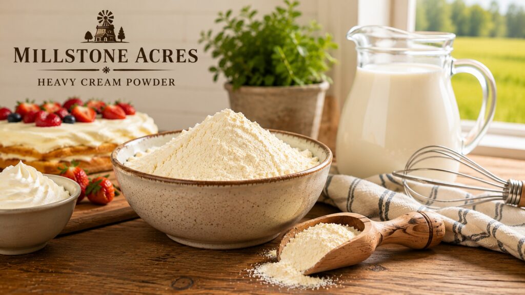 Heavy cream powder displayed in a ceramic bowl with whipped cream, fresh strawberries, and a pitcher of cream on a rustic farmhouse table featuring Millstone Acres Heavy Cream Powder branding.
