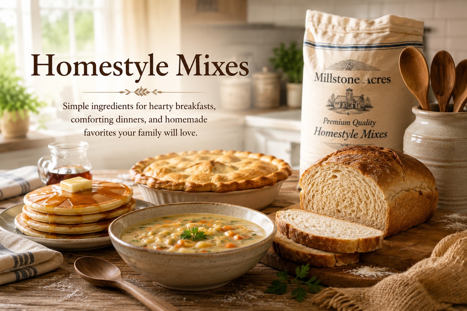 Homestyle baking mixes hero image featuring pancakes with maple syrup, homemade soup, fresh bread, and pie in a bright farmhouse kitchen.