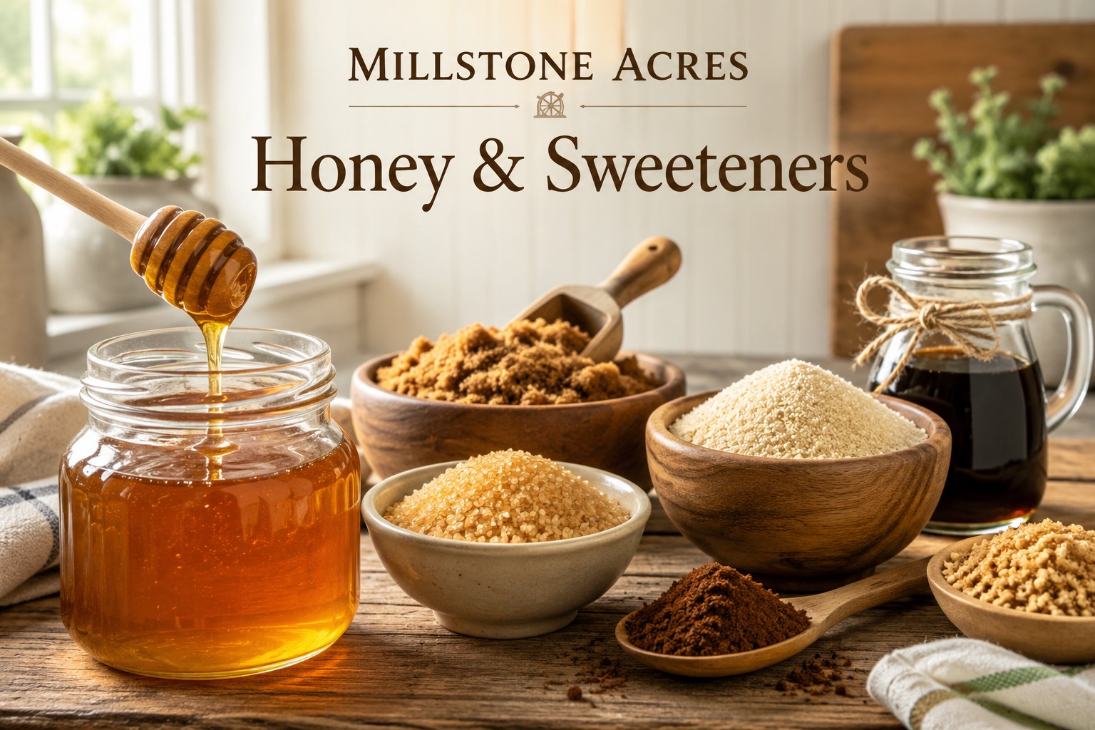 Millstone Acres honey, maple syrup, and natural sweeteners displayed in a bright farmhouse kitchen.