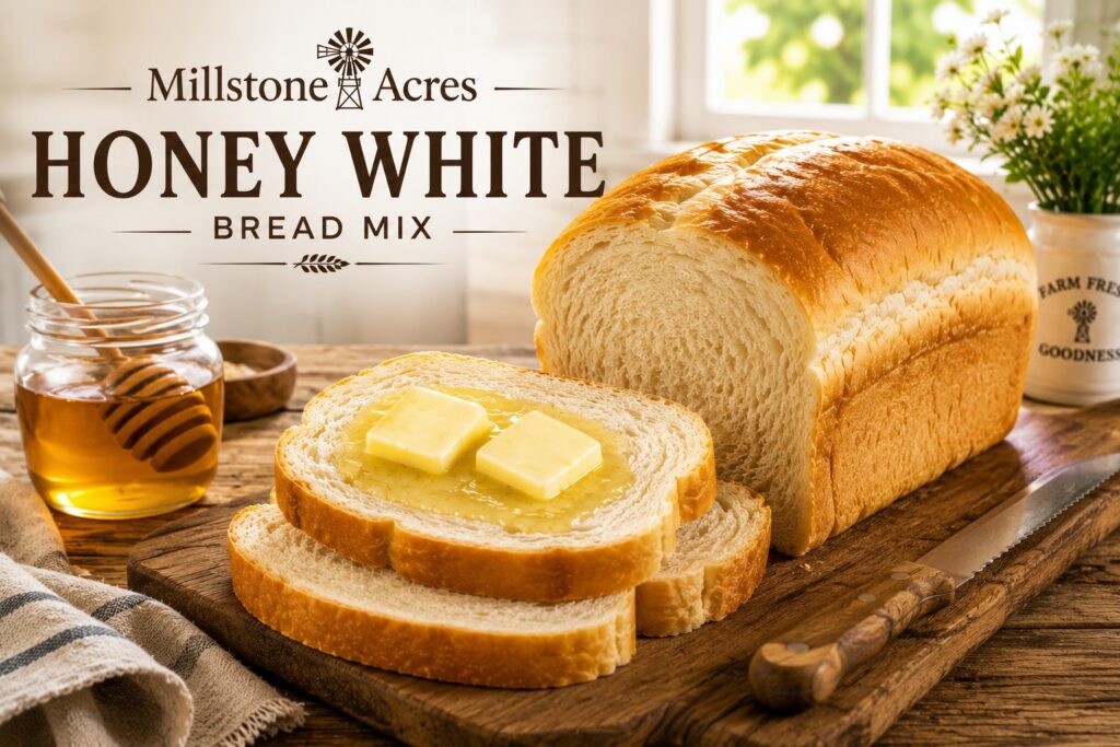 Fresh baked Honey White Bread loaf with slices topped with melting butter and honey in a bright farmhouse kitchen.
