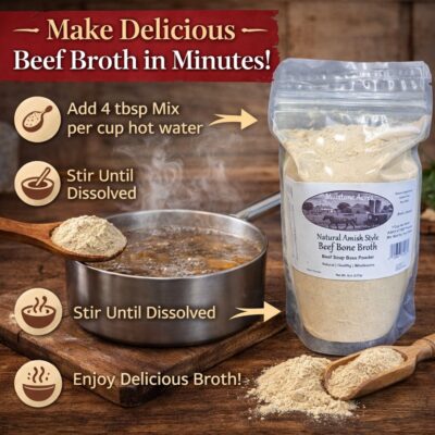 how-to-make-beef-bone-broth-soup-base-mix-amish-style How to prepare Millstone Acres Beef Bone Broth Soup Base Mix by simply adding hot water for rich homemade broth.