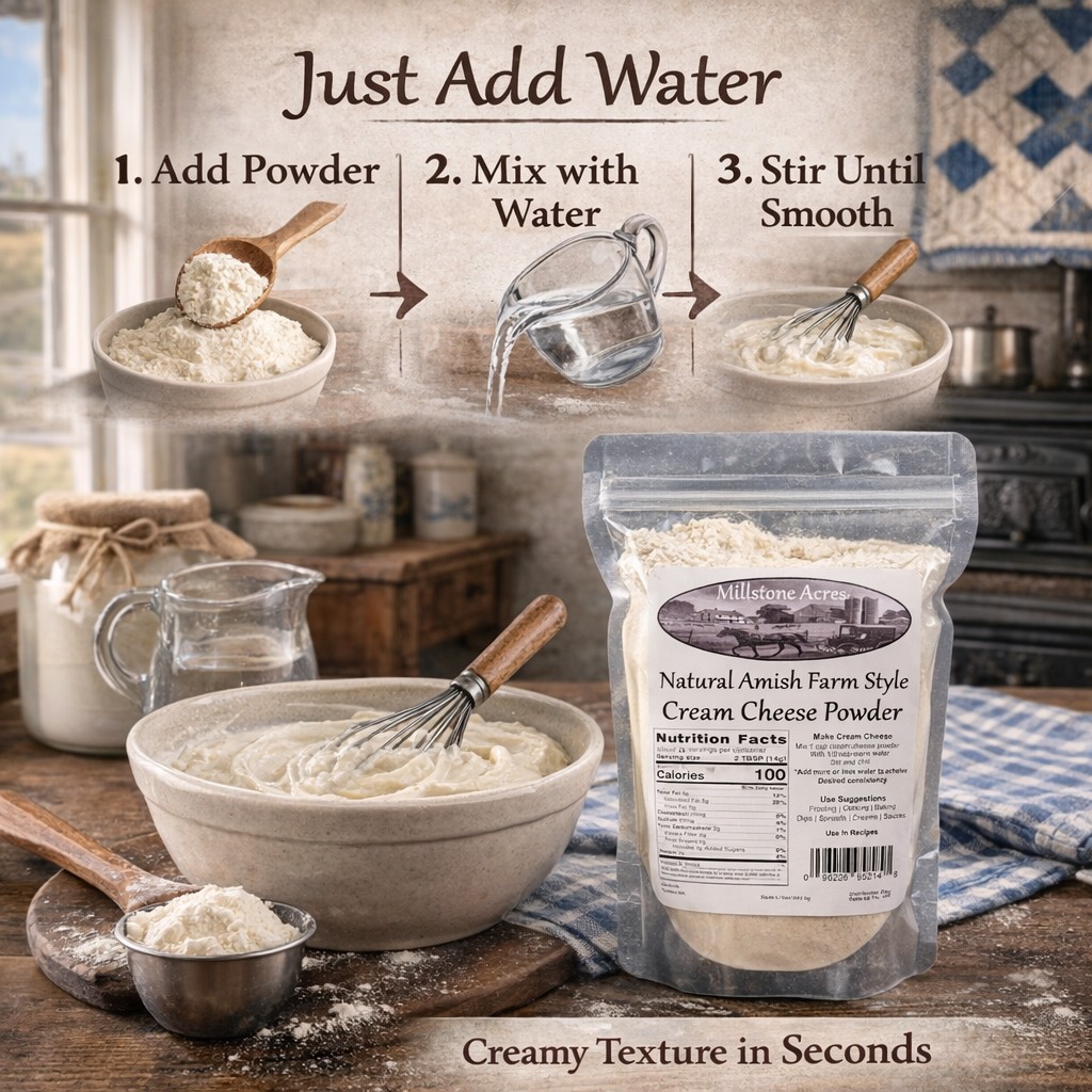 How to prepare block cream cheese from Millstone Acres Cream Cheese in Powder form by simply adding water.