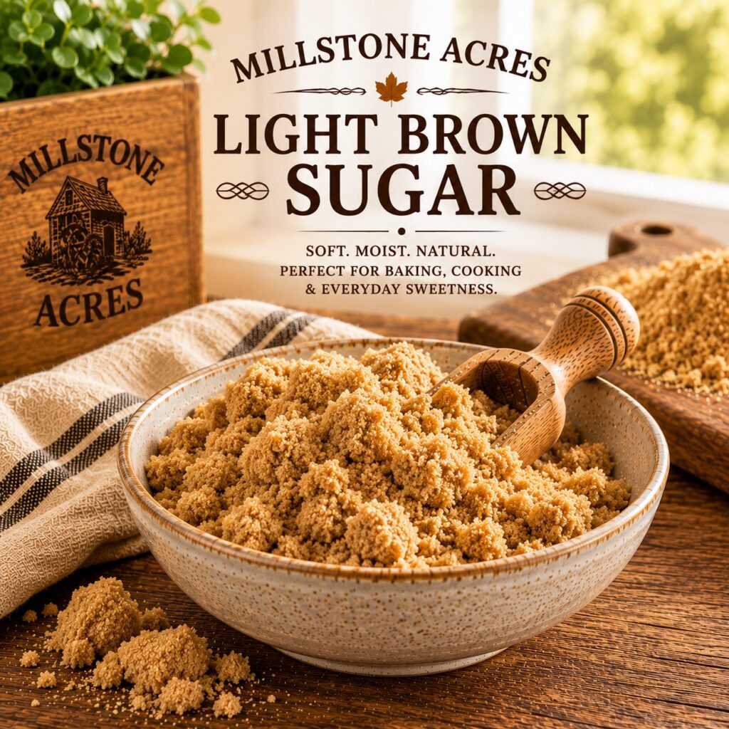 Millstone Acres Light Brown Sugar displayed in a rustic ceramic bowl with a wooden scoop and soft, moist brown sugar on a farmhouse table.