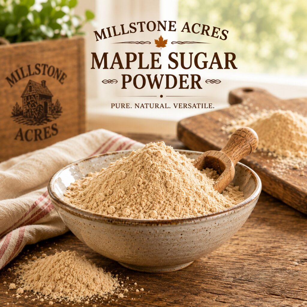 Millstone Acres Maple Sugar Powder displayed in a rustic ceramic bowl with a wooden scoop and fine maple sugar powder on a farmhouse table.