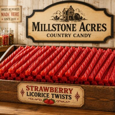 Strawberry Licorice Twists displayed in a rustic country candy shop with Millstone Acres signage and subtle strawberry accents