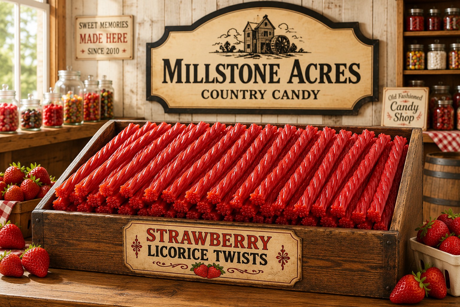Strawberry Licorice Twists displayed in a rustic country candy shop with Millstone Acres signage
