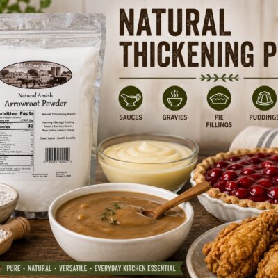 millstone-acres-arrowroot-powder-hero Millstone Acres Arrowroot Powder displayed with gravy, pie filling, pudding, and cooking applications in a bright farmhouse kitchen.
