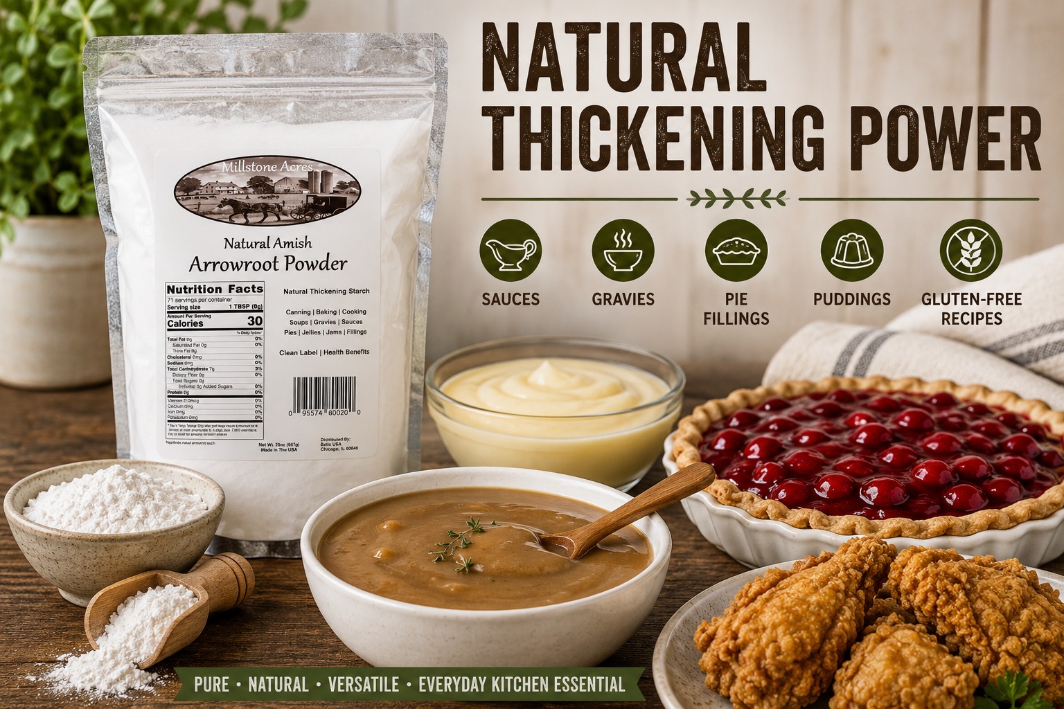 Millstone Acres Arrowroot Powder displayed with gravy, pie filling, pudding, and cooking applications in a bright farmhouse kitchen.