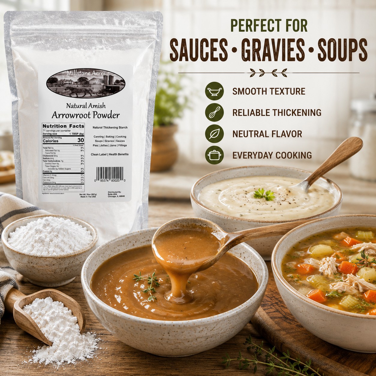 Millstone Acres Arrowroot Powder displayed with thick homemade gravy, creamy sauce, hearty soup, and arrowroot powder in a bright farmhouse kitchen.