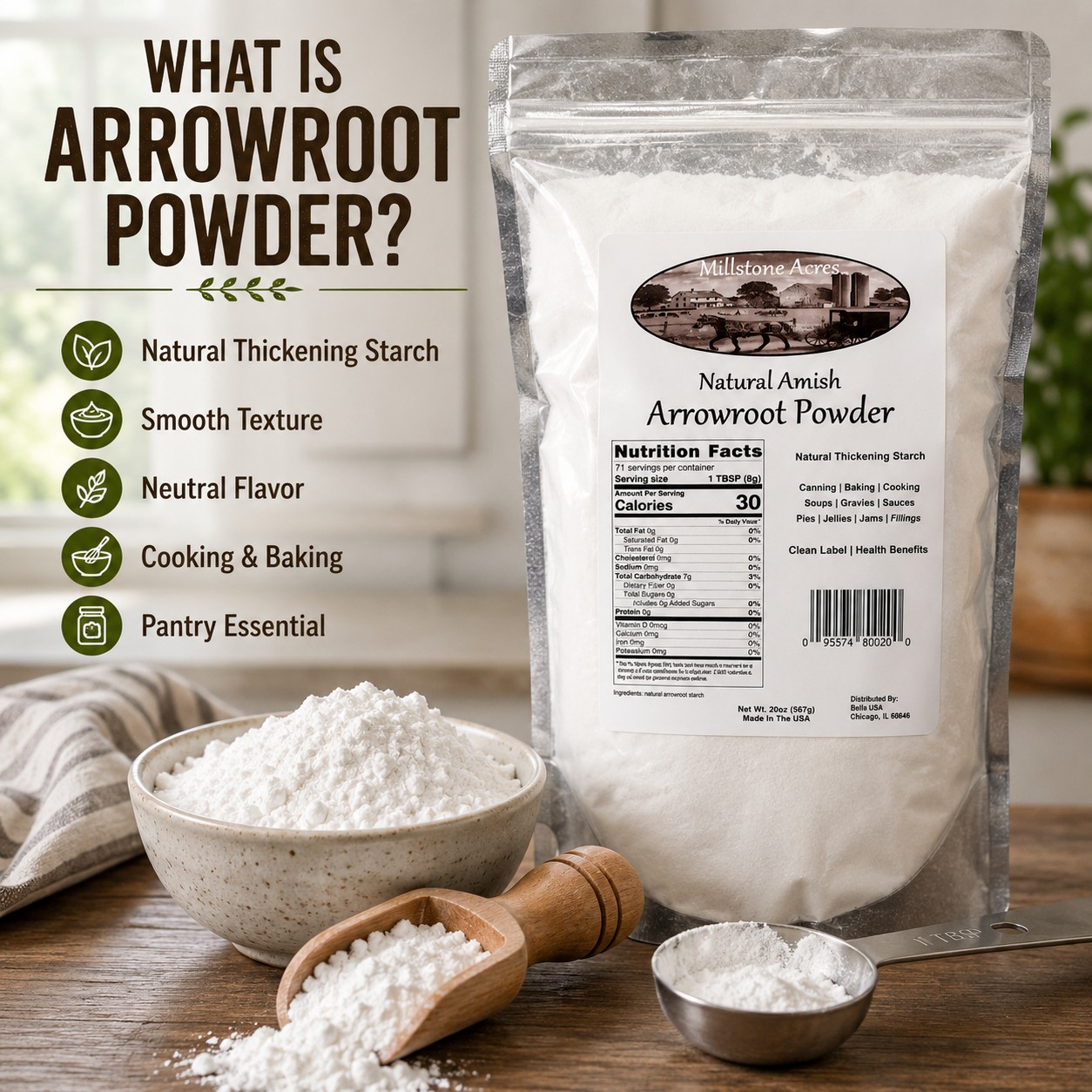 Millstone Acres Arrowroot Powder displayed with arrowroot powder, scoop, measuring spoon, and educational information about arrowroot powder.