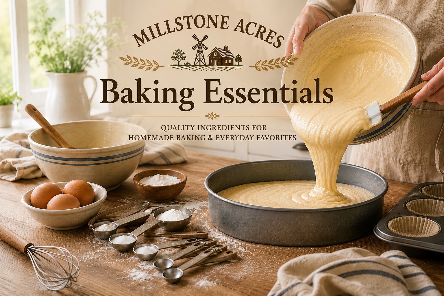 Millstone Acres Baking Essentials hero image featuring cake batter being poured into a cake pan with measuring spoons, eggs, baking ingredients, and farmhouse baking tools.