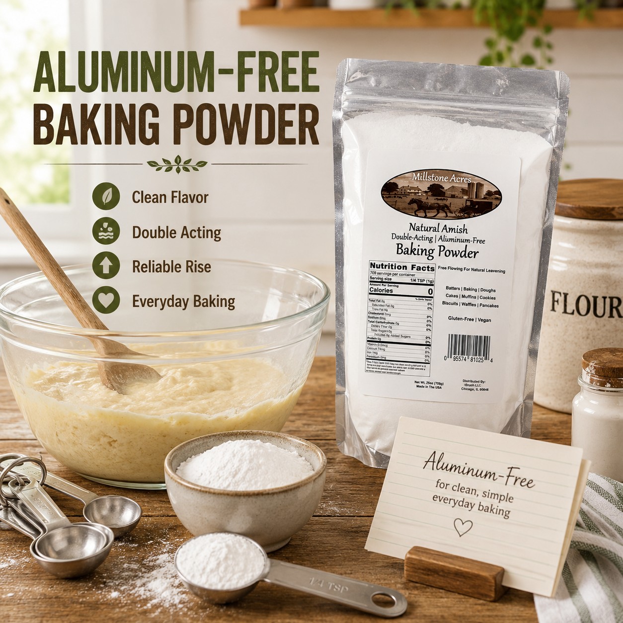 Millstone Acres Aluminum-Free Baking Powder displayed with mixing bowl, baking ingredients, measuring spoons, and farmhouse baking supplies.