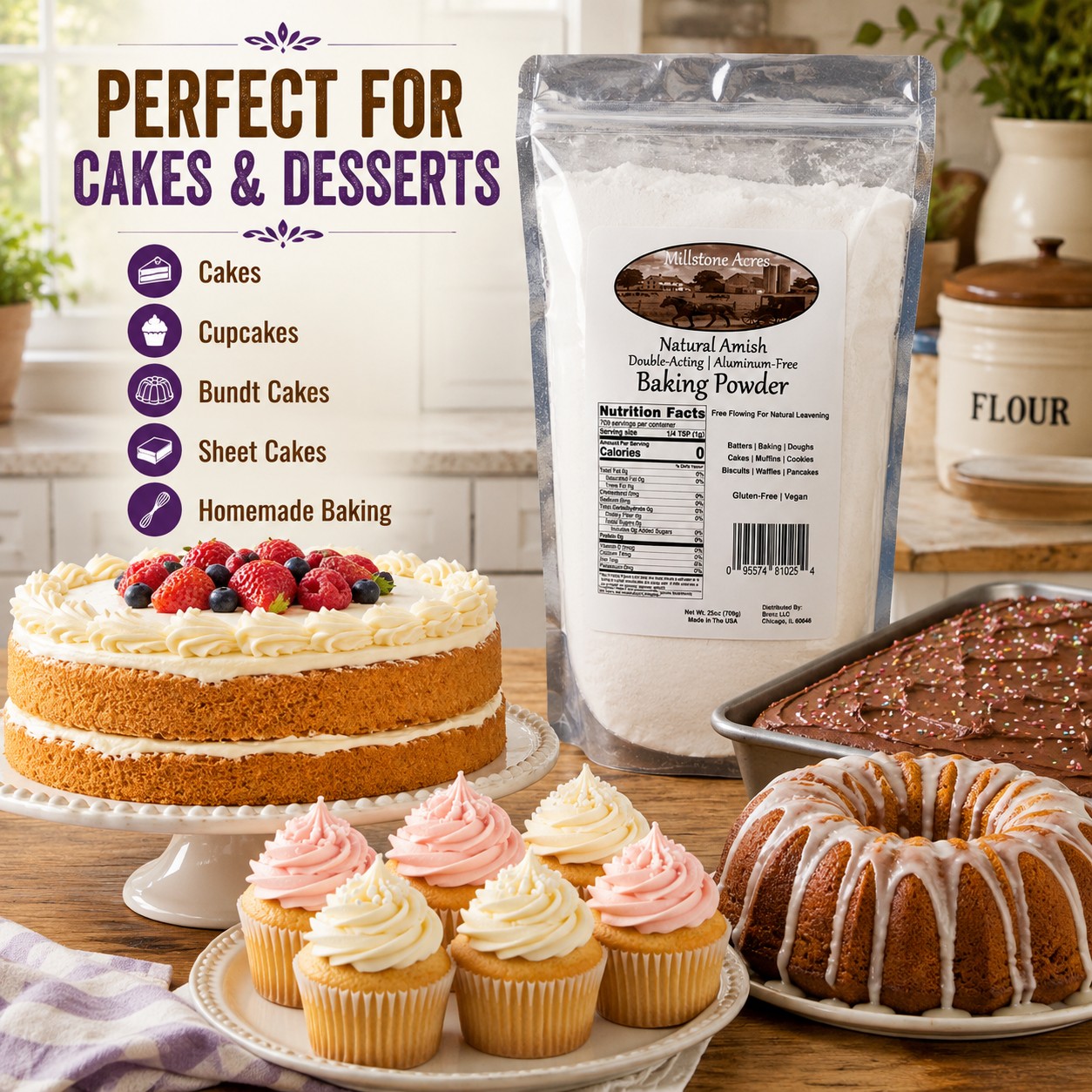 Millstone Acres Baking Powder displayed with layer cake, cupcakes, Bundt cake, sheet cake, and homemade desserts in a bright farmhouse kitchen.