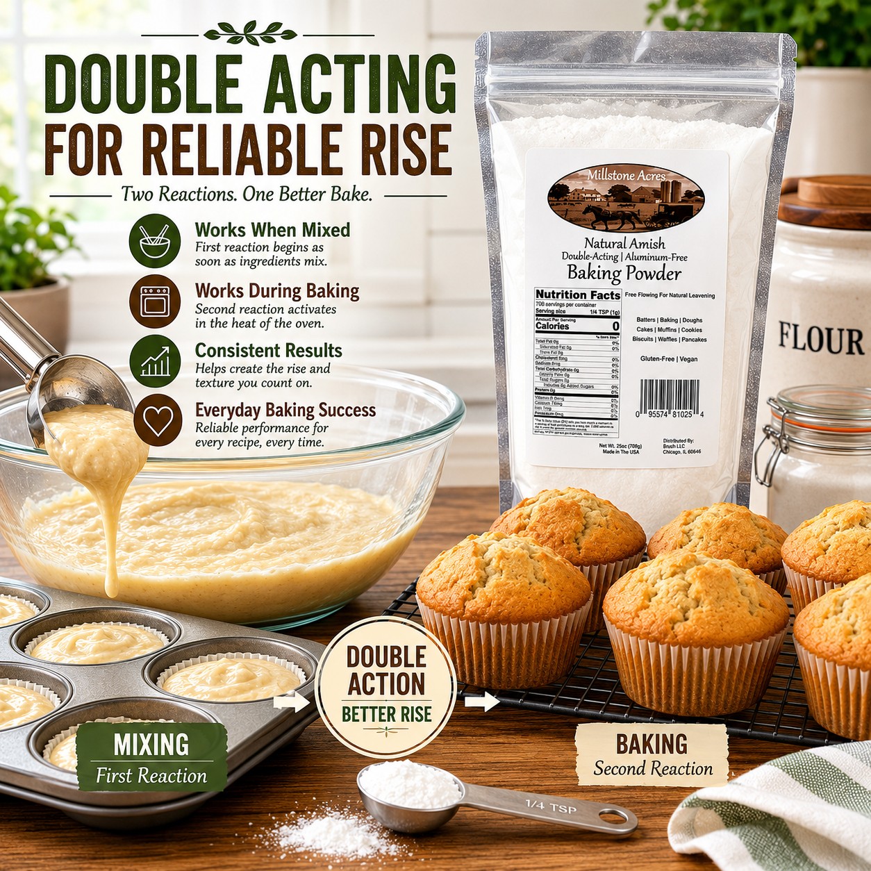 Millstone Acres Double Acting Baking Powder displayed with muffin batter, baked muffins, and visual explanation of the two-stage leavening process.