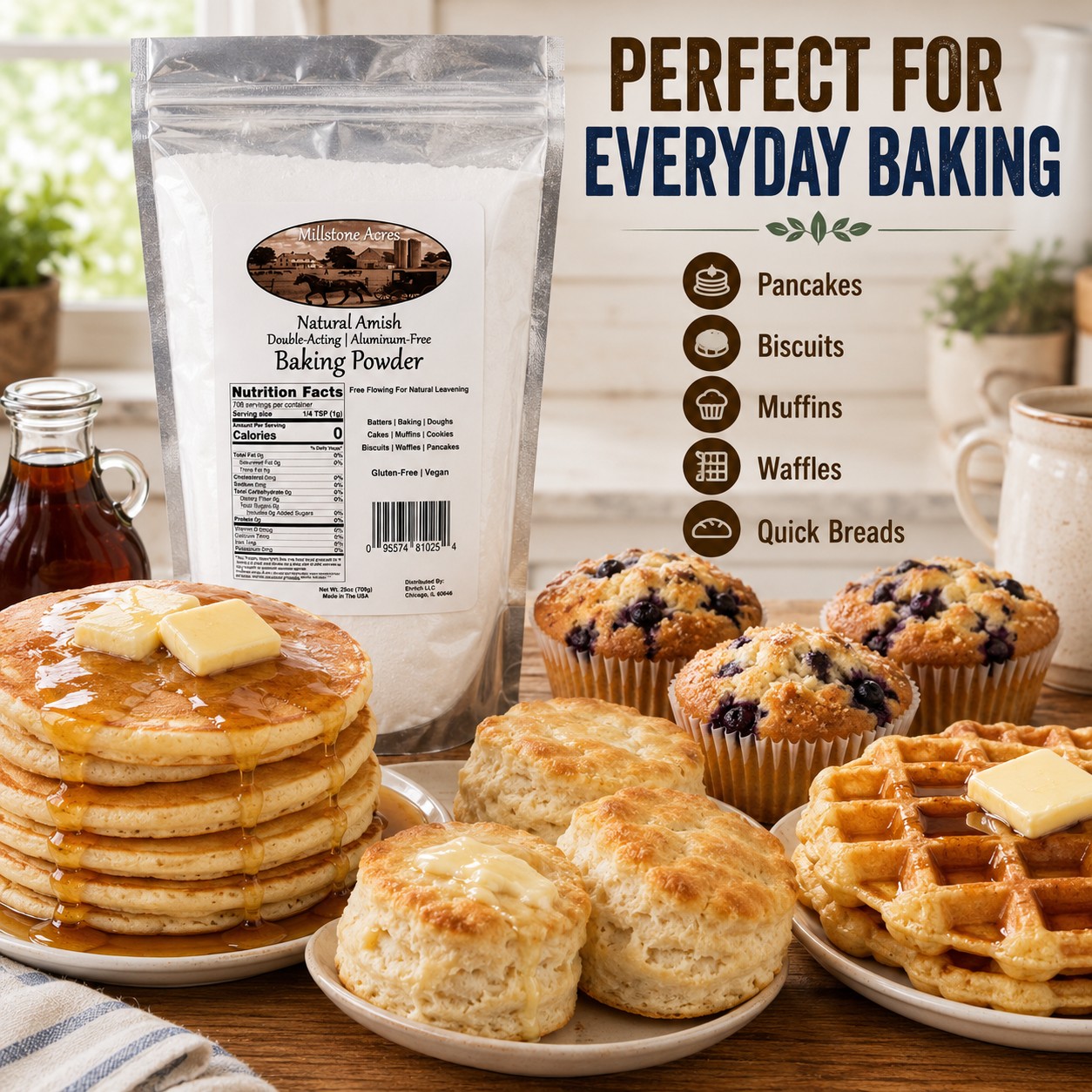 Millstone Acres Baking Powder displayed with pancakes, biscuits, waffles, muffins, and homemade quick breads in a farmhouse kitchen.