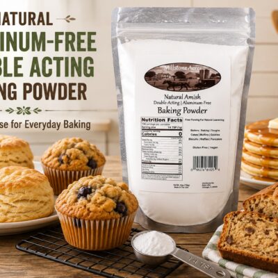 Millstone Acres Aluminum-Free Double Acting Baking Powder displayed with biscuits, muffins, pancakes, and quick bread in a bright farmhouse kitchen.