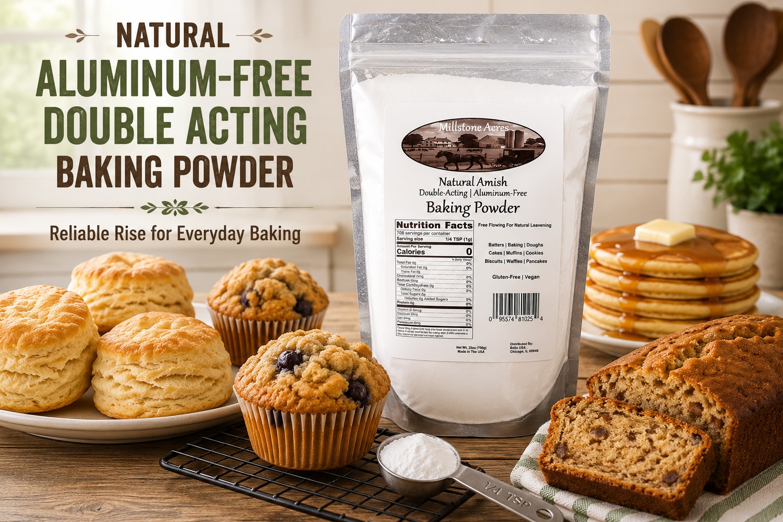 Millstone Acres Aluminum-Free Double Acting Baking Powder displayed with biscuits, muffins, pancakes, and quick bread in a bright farmhouse kitchen.