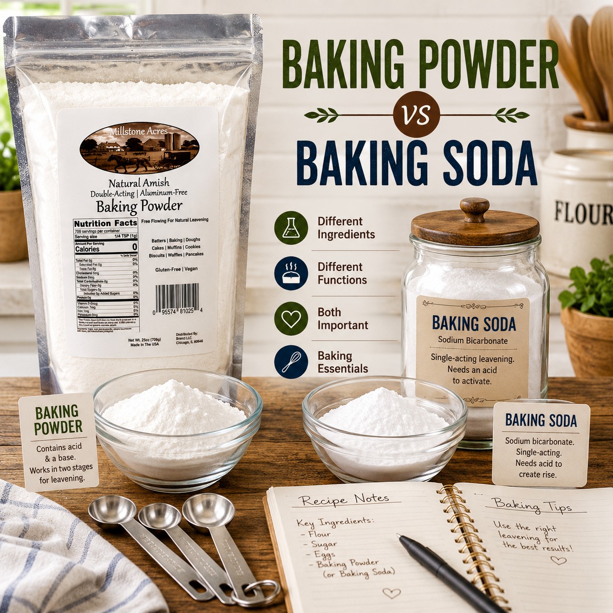 Millstone Acres Baking Powder compared with baking soda, measuring spoons, and baking ingredients in a farmhouse kitchen.
