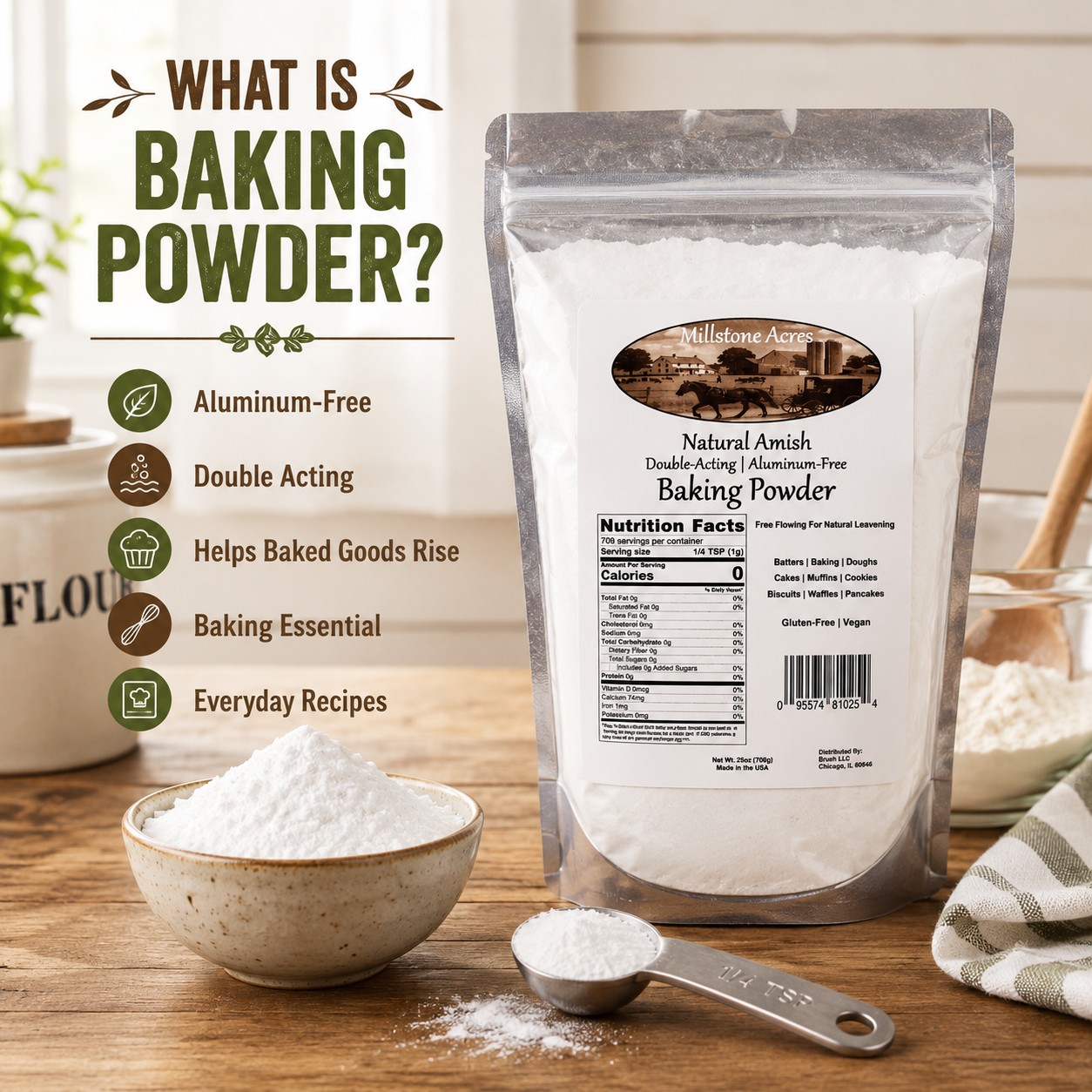 Millstone Acres Baking Powder displayed with baking powder, measuring spoon, flour, and educational information about double acting baking powder.