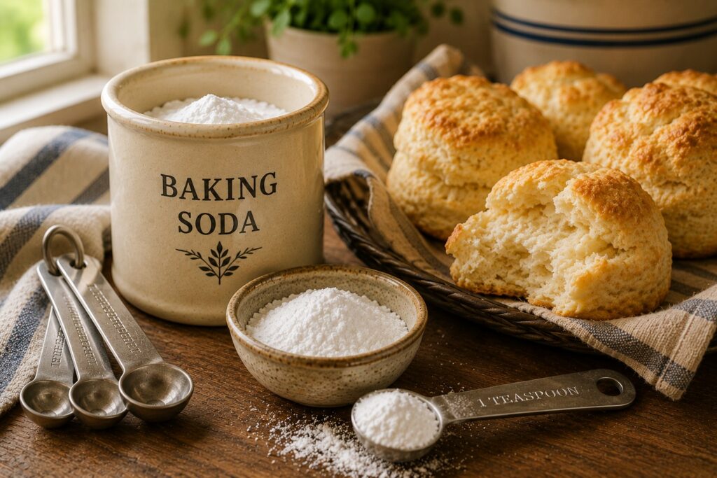 Baking soda displayed in a rustic crock with measuring spoons and homemade biscuits in a bright farmhouse kitchen baking scene.