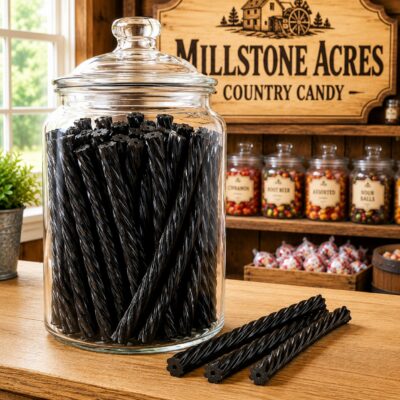 Black Licorice Twists displayed in a large glass apothecary jar on a rustic candy-shop counter with Millstone Acres signage