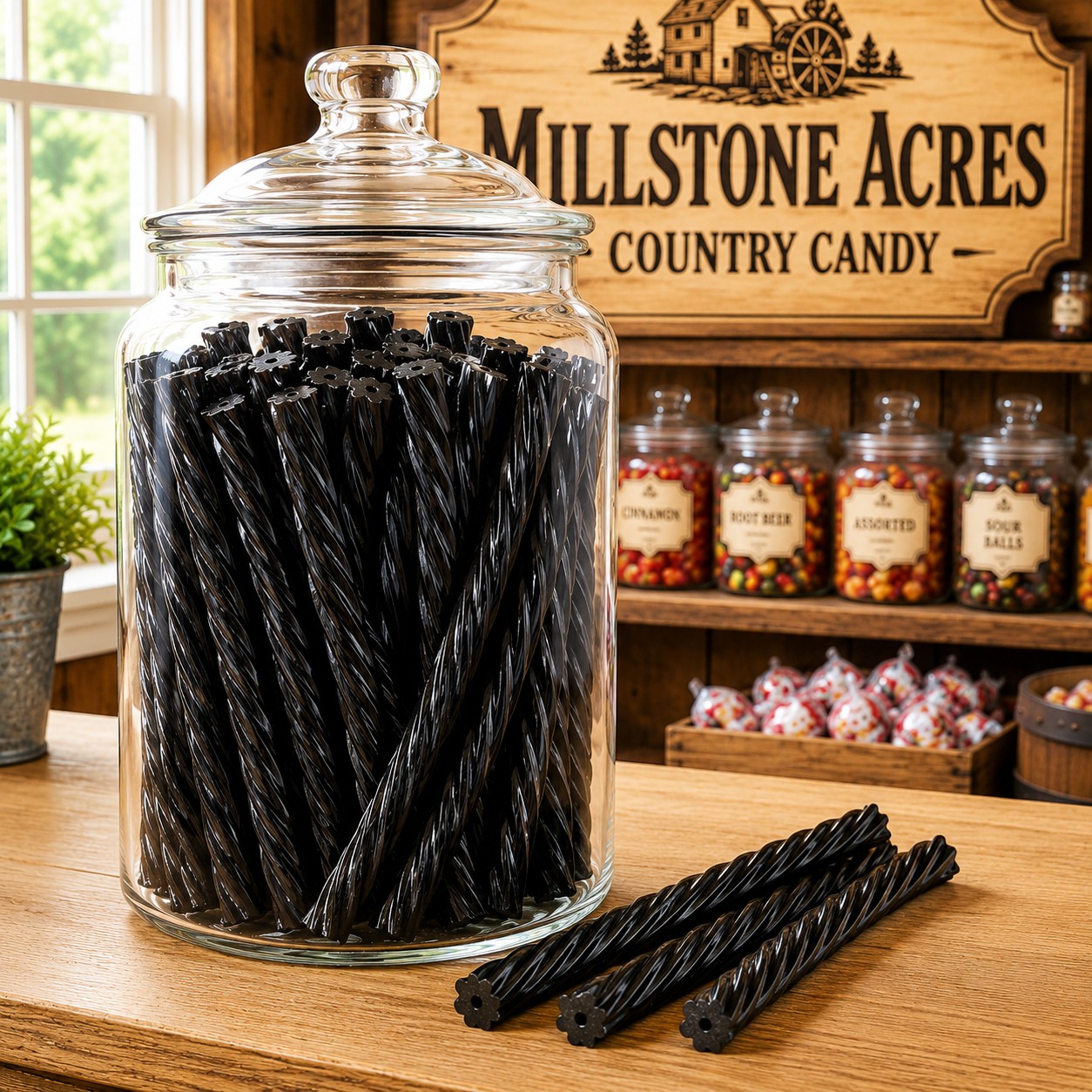Black Licorice Twists displayed in a large glass apothecary jar on a rustic candy-shop counter