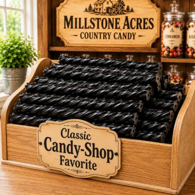 Black Licorice Twists displayed in a light oak candy bin inside a bright country candy shop with Millstone Acres signage