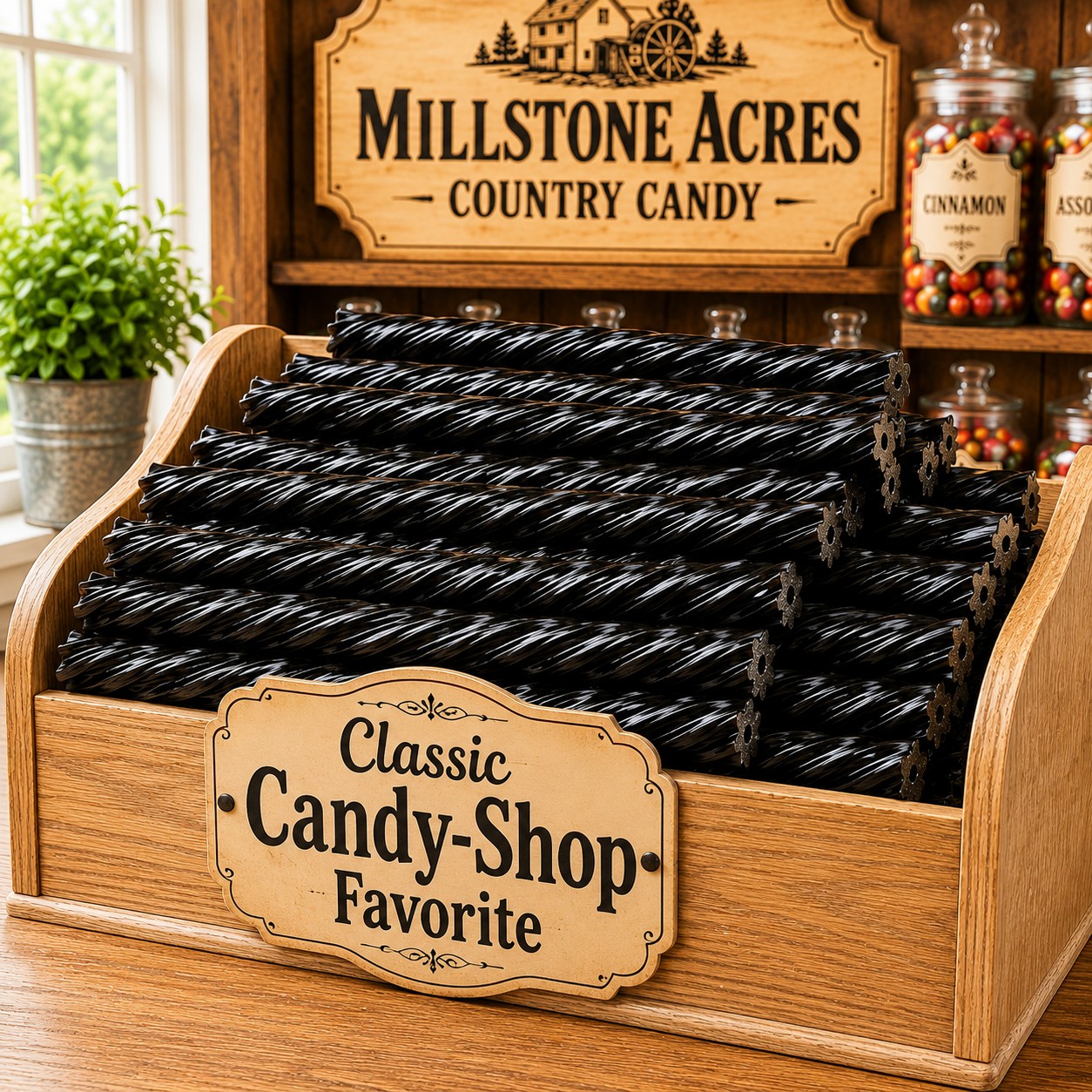 Black Licorice Twists displayed in a light oak candy bin inside a bright country candy shop