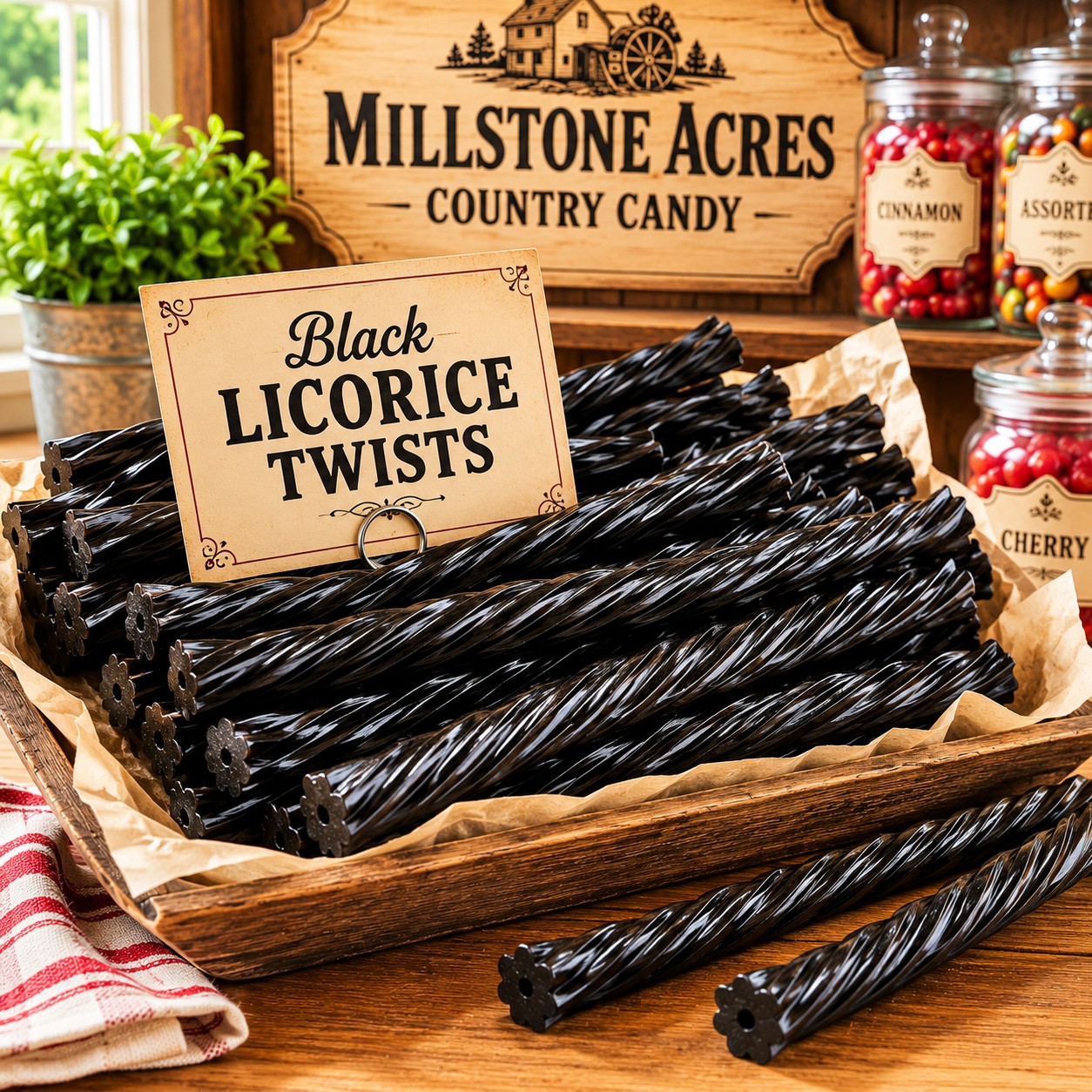 Black Licorice Twists displayed in a rustic candy tray with a vintage flavor card inside a country candy shop