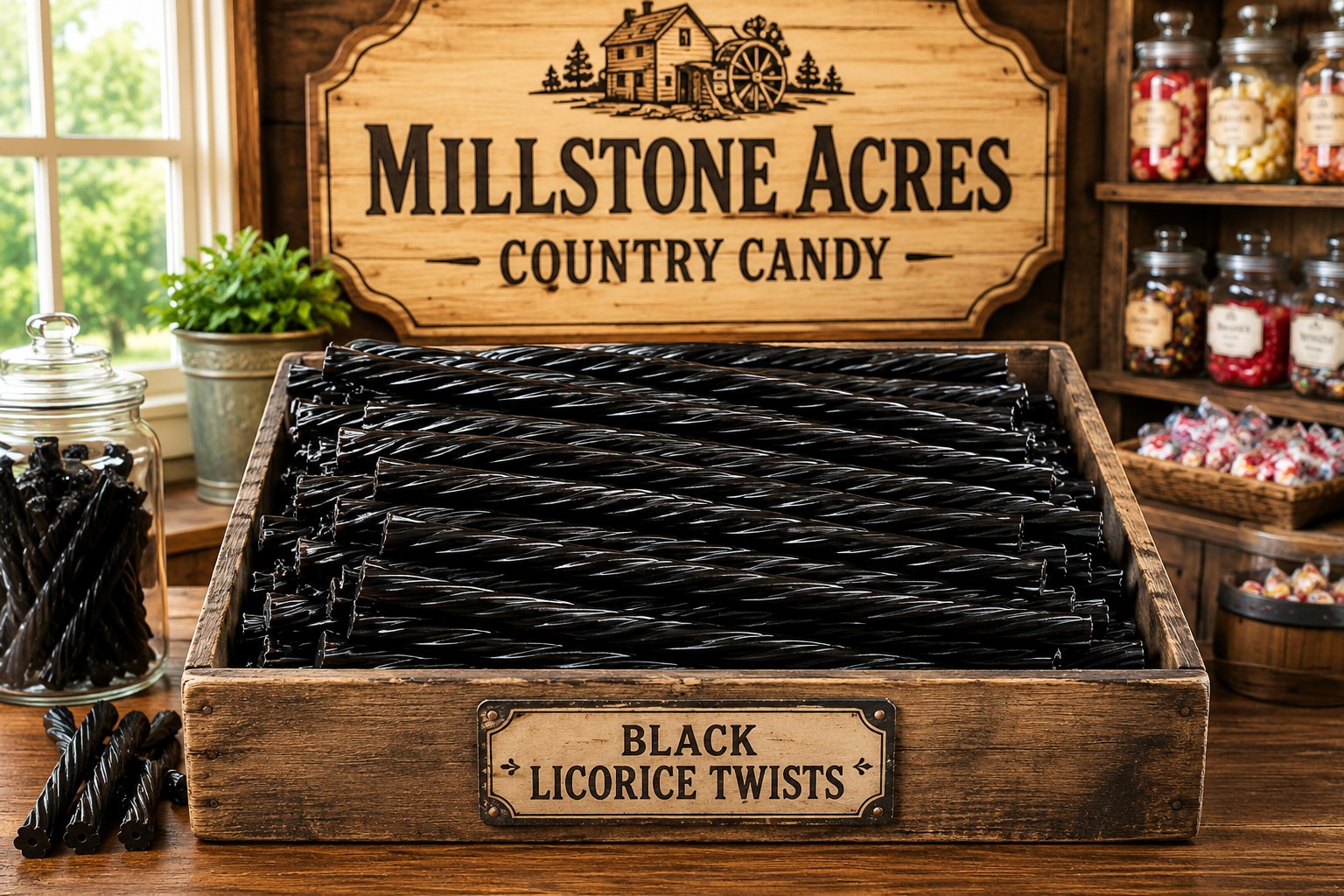 Black Licorice Twists displayed in a rustic country candy shop with Millstone Acres signage