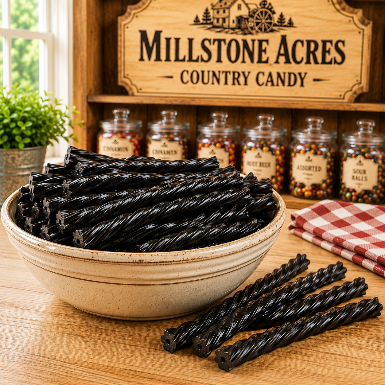 Black Licorice Twists displayed in a cream-colored stoneware candy bowl on a farmhouse table