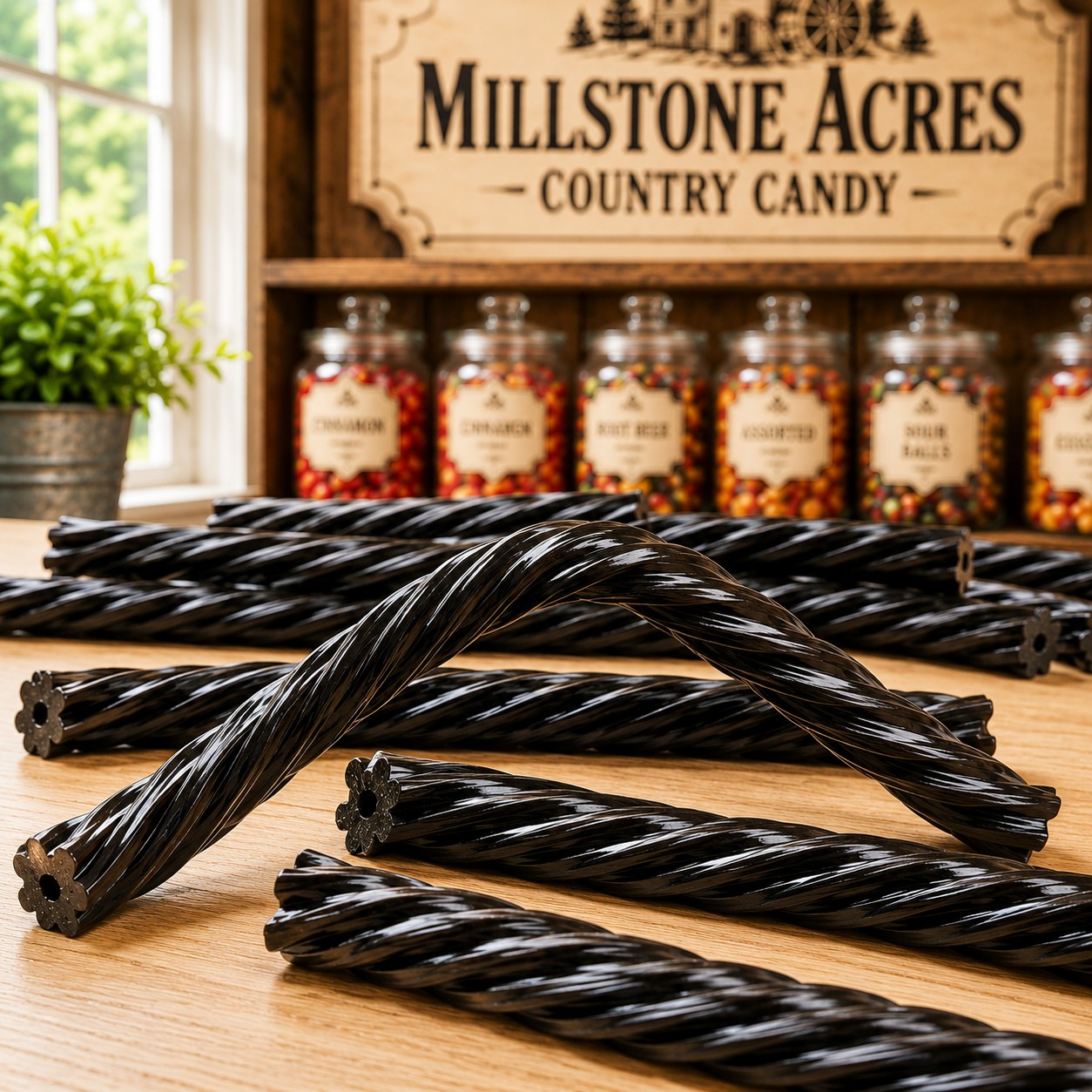 Black Licorice Twists showing their soft chewy texture on a light maple candy-shop counter