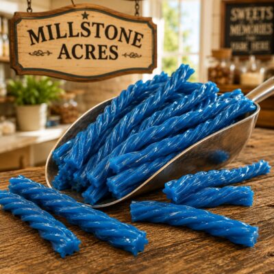 Blue Raspberry Licorice Twists in a vintage metal candy scoop on a rustic farmhouse candy counter with Millstone Acres signage