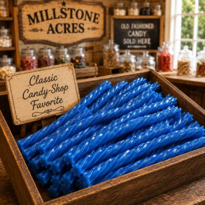 Blue Raspberry Licorice Twists displayed in a vintage wooden candy bin inside a bright country candy shop with Millstone Acres signage