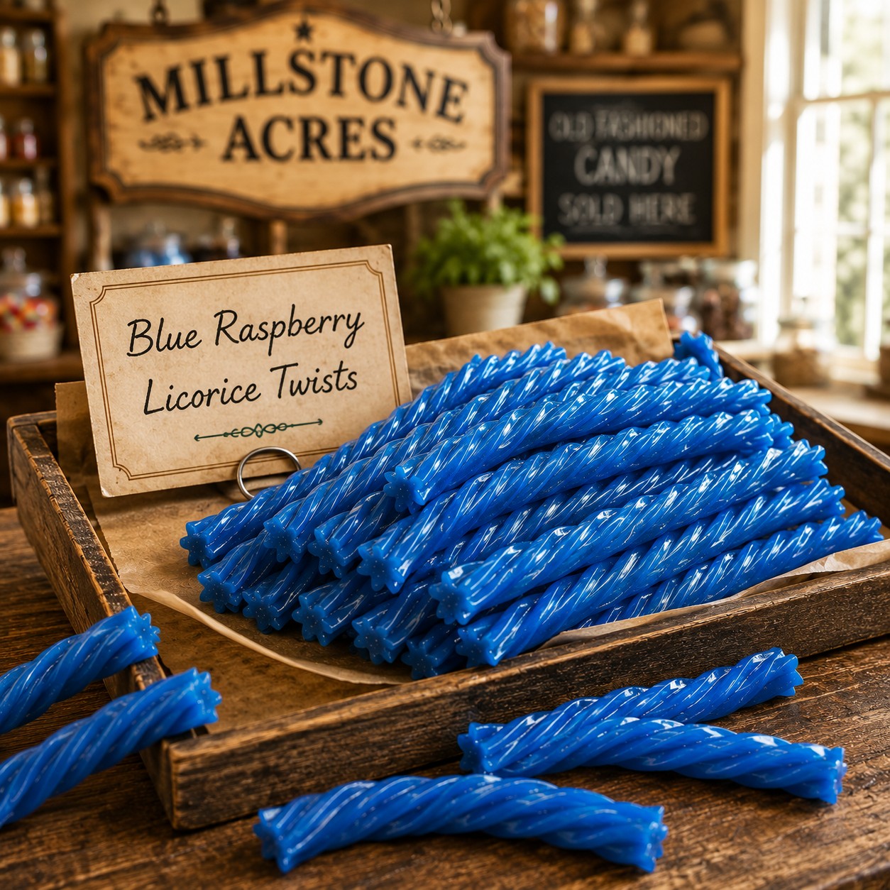 Blue Raspberry Licorice Twists displayed in a rustic candy shop tray with flavor card and Millstone Acres signage