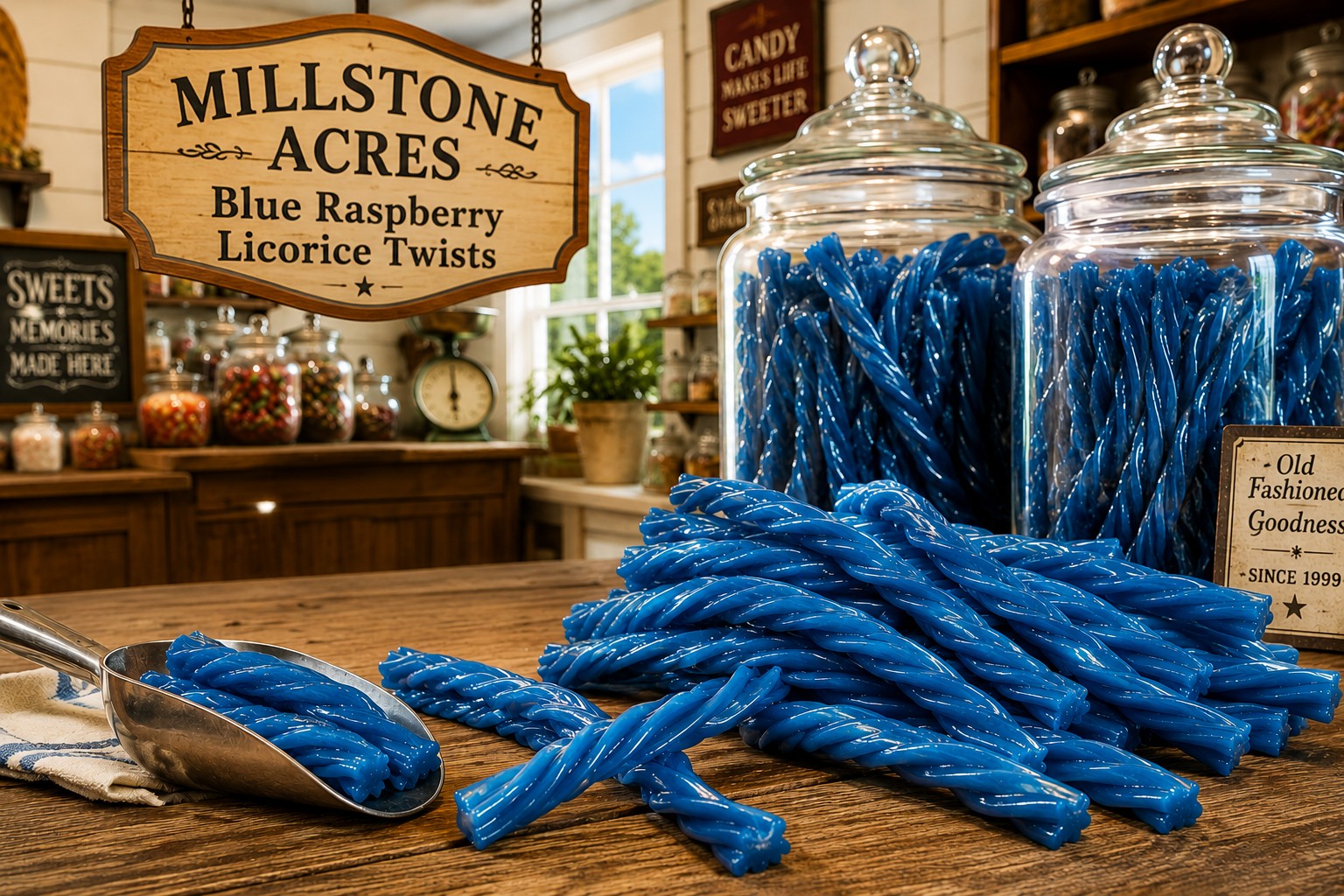 Blue Raspberry Licorice Twists displayed on a rustic country store candy counter with Millstone Acres signage