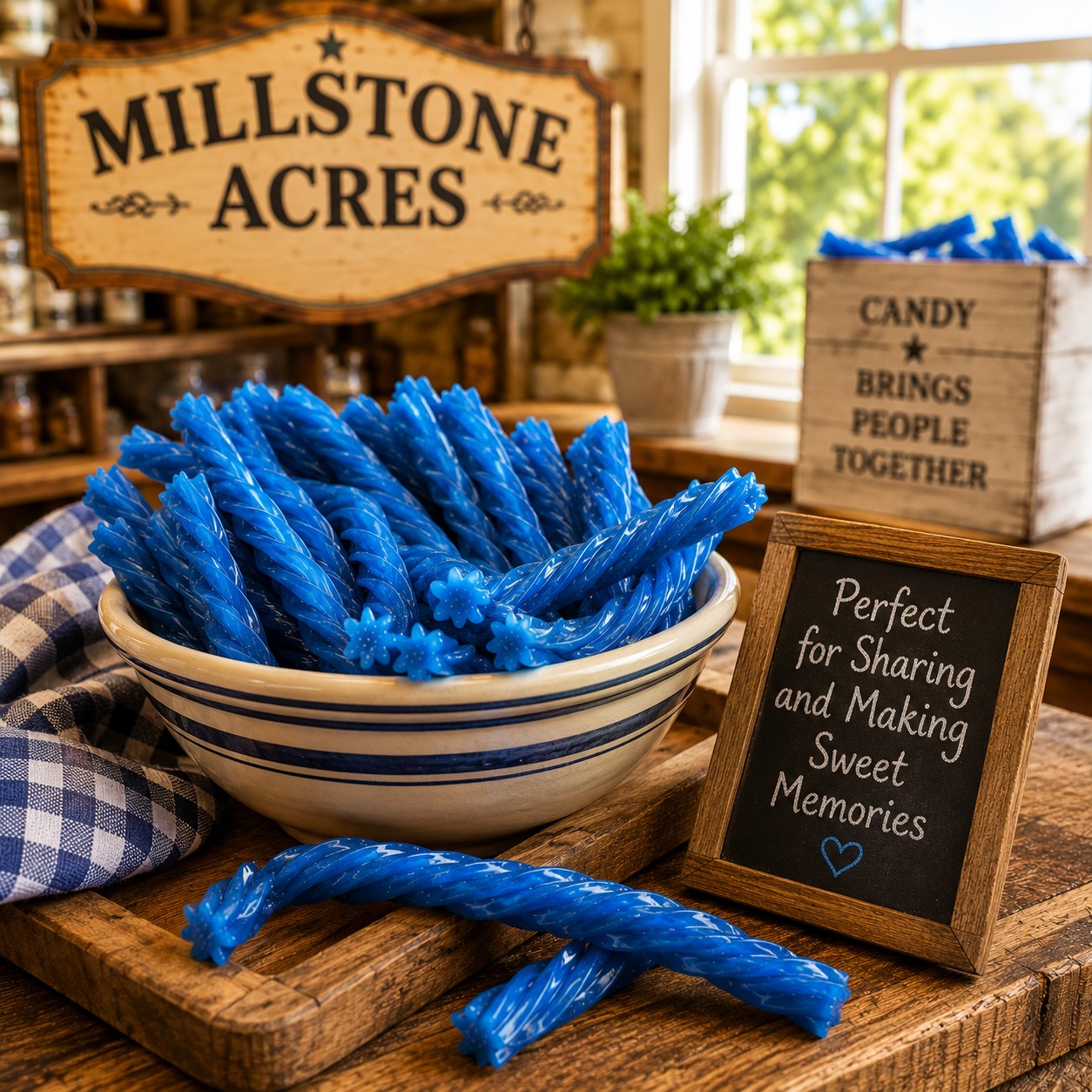 Blue Raspberry Licorice Twists in a farmhouse candy bowl representing sharing and family traditions