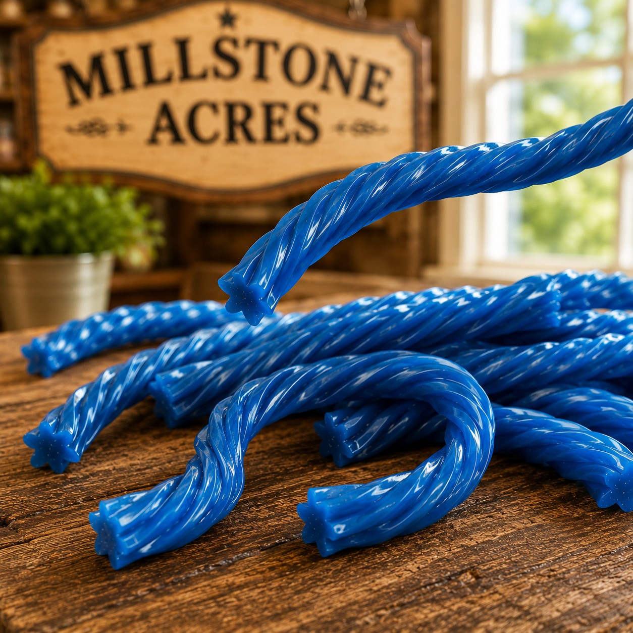 Blue Raspberry Licorice Twists showing their soft chewy texture on a rustic farmhouse candy counter