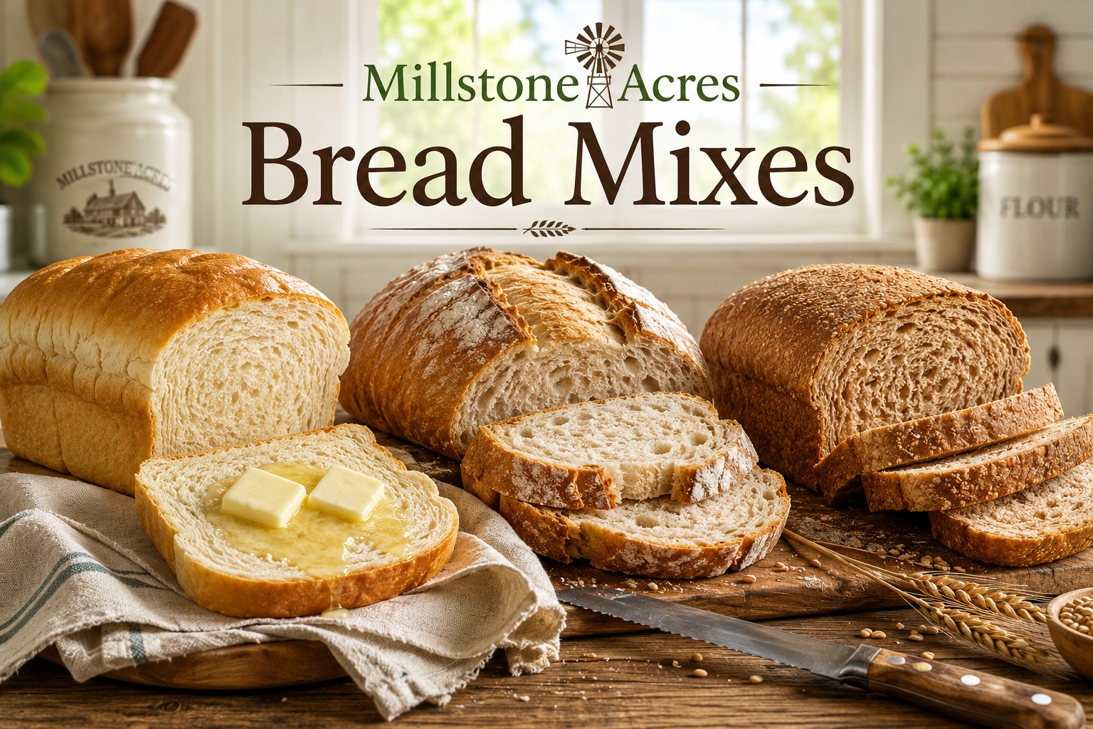 Millstone Acres Bread Mixes featuring Honey White Bread, Hearty Wheat Bread, and Rustic Country Bread in a bright farmhouse kitchen