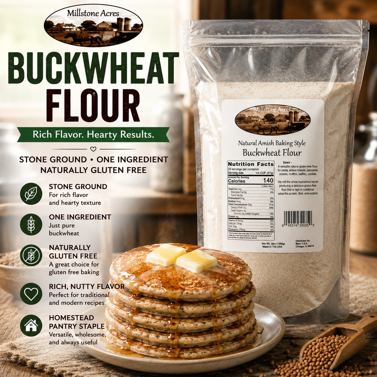 Homemade buckwheat pancakes topped with melting butter and pure maple syrup made with Millstone Acres Buckwheat Flour.