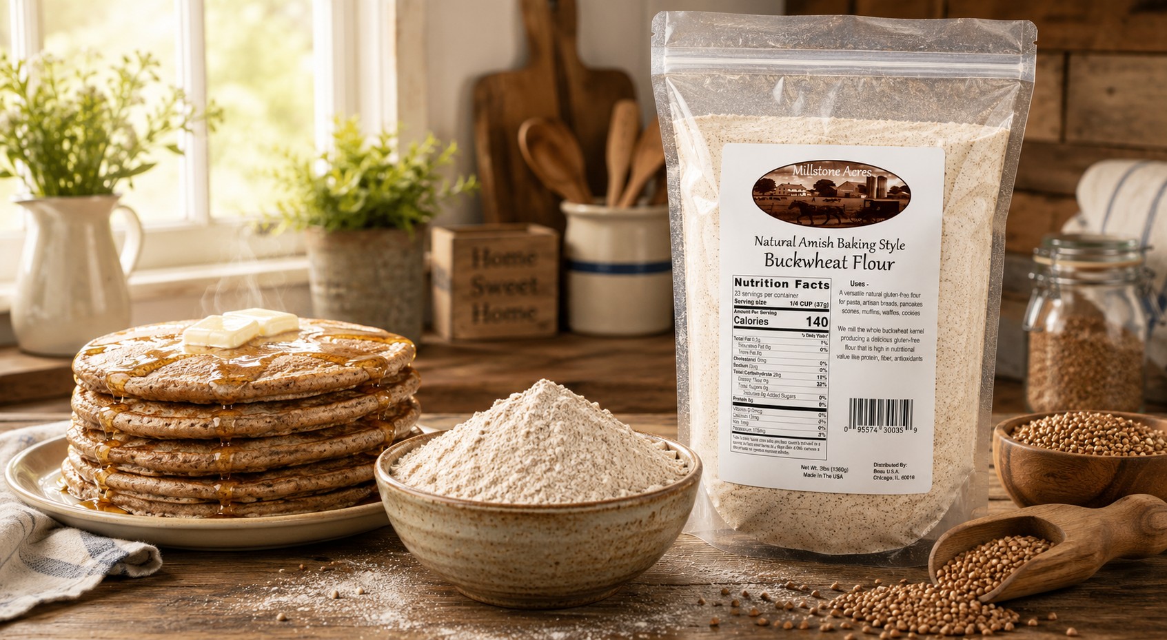 Millstone Acres Buckwheat Flour package displayed beside buckwheat pancakes with melting butter and syrup, a bowl of stone-ground buckwheat flour, and whole buckwheat kernels in a bright farmhouse kitchen.