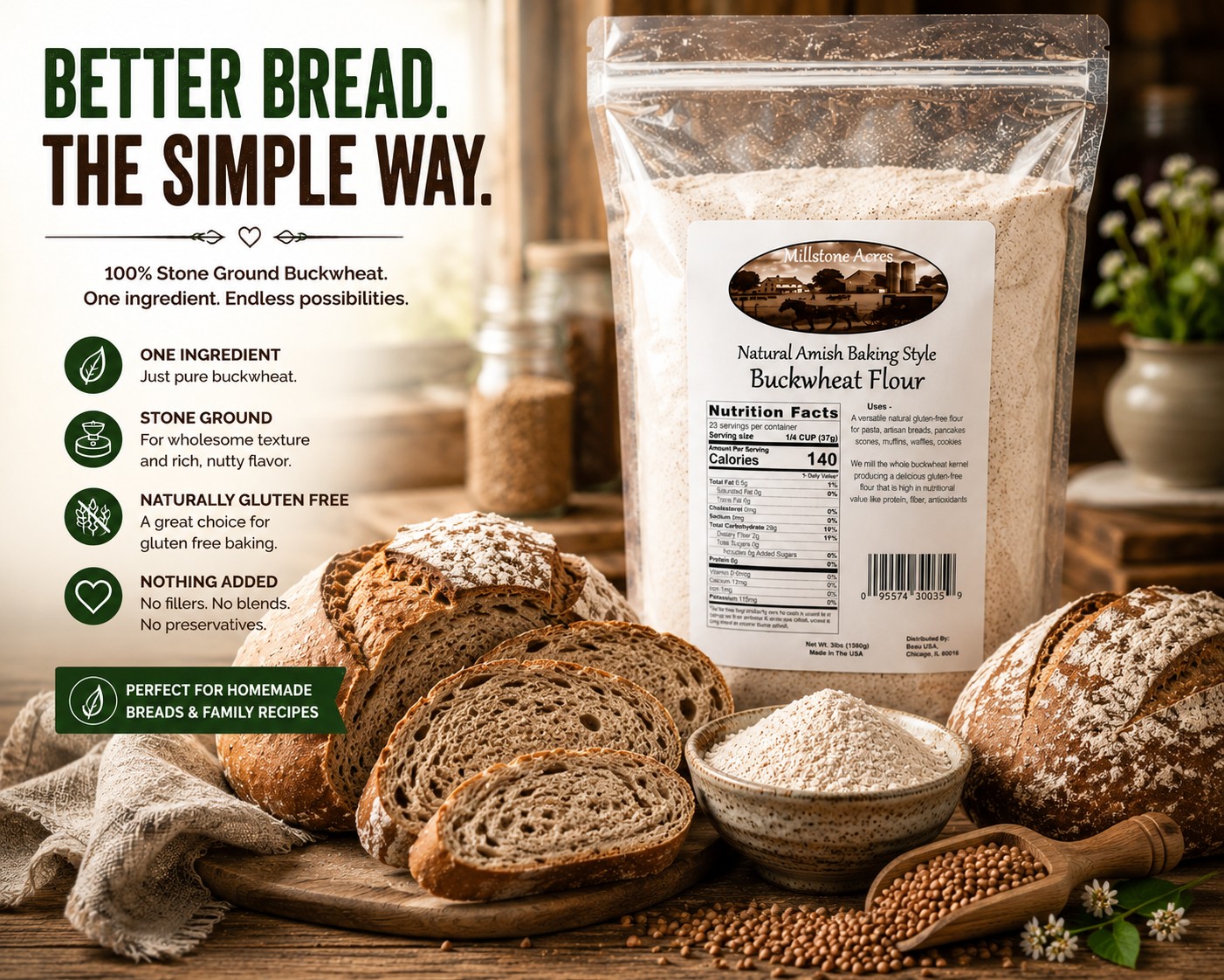 Rustic artisan bread baked with Millstone Acres Buckwheat Flour on a wooden cutting board in a farmhouse kitchen.