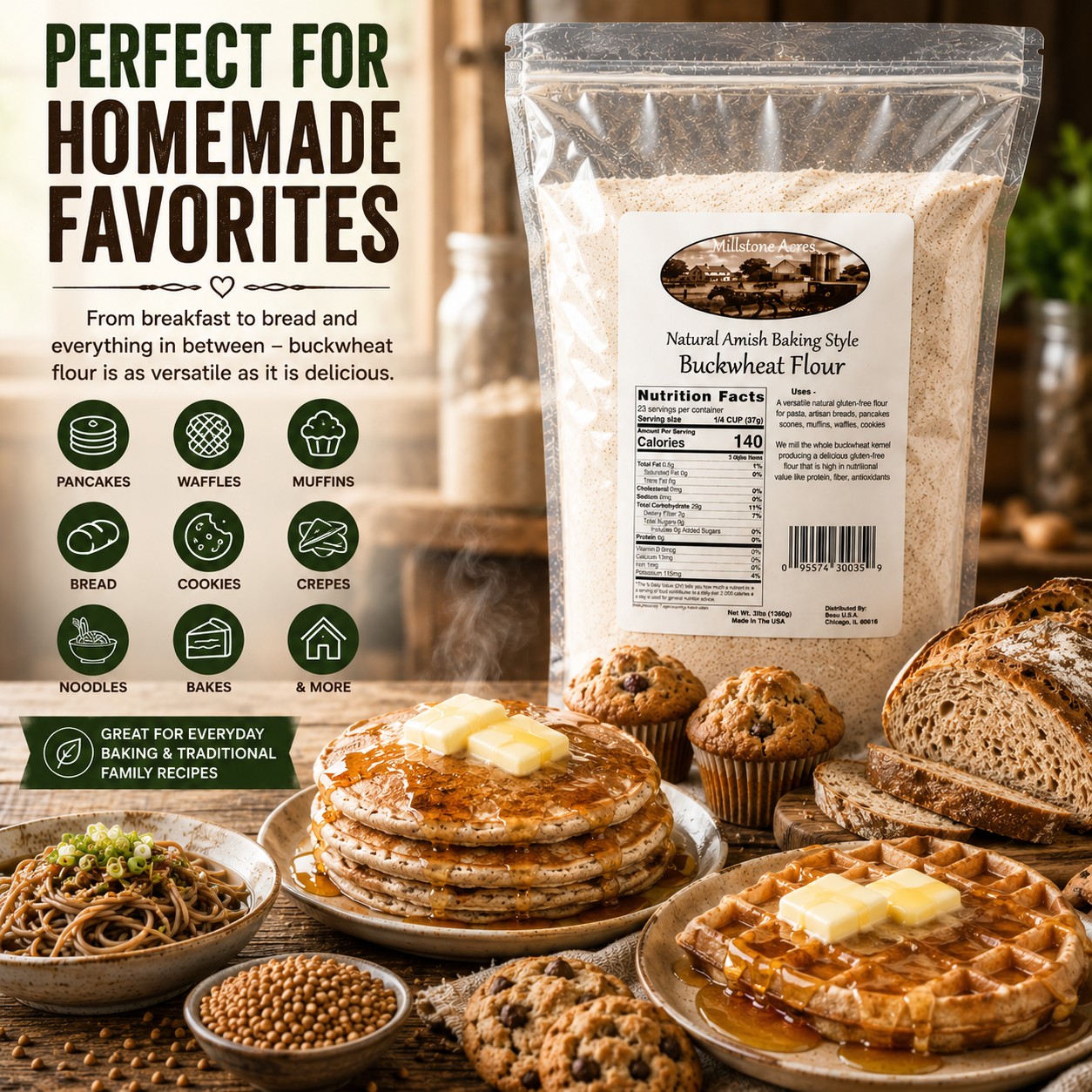 Homemade pancakes, artisan bread, muffins, waffles, and baked goods made with Millstone Acres Buckwheat Flour.