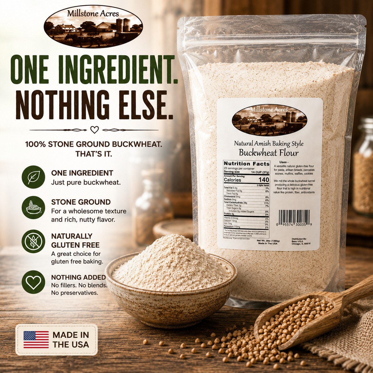 Millstone Acres Buckwheat Flour package beside homemade buckwheat pancakes with stone-ground buckwheat flour and whole buckwheat kernels.
